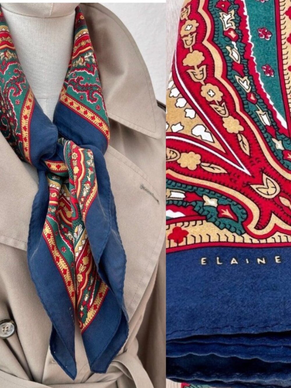 Vintage 90s Elaine Gold Classic Paisley Silk Square Scarf Navy Blue, Red, Gold